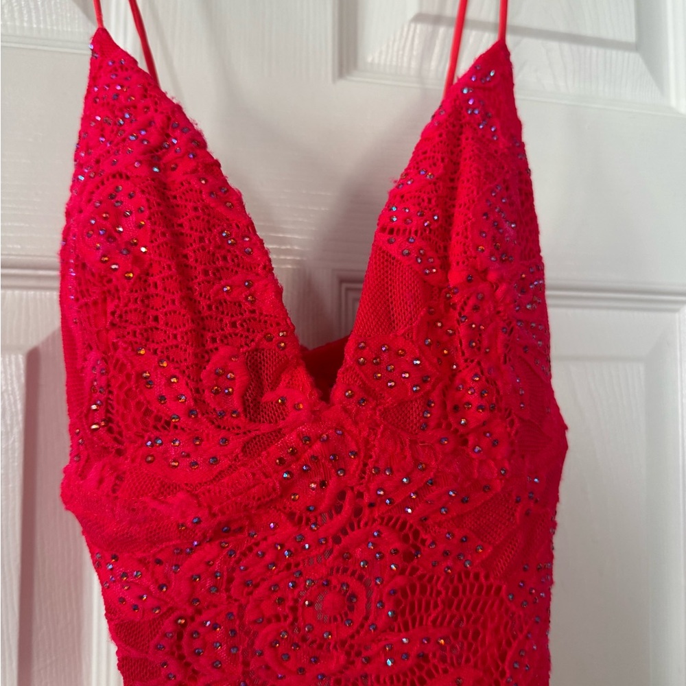 Coral Lace Embellished Dress
